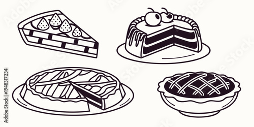a collection of pies and a cake on plates Vector