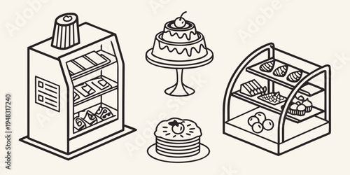 a set of bakery display cases and desserts Vector