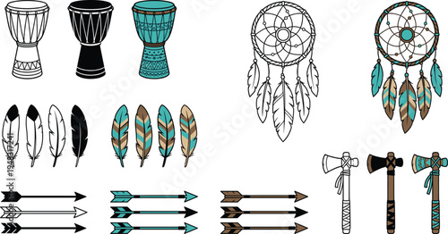 Native American tribal elements vector set with dreamcatcher feathers arrows drums and tomahawk traditional ethnic decorative symbols