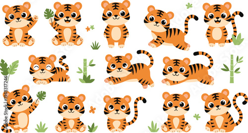 Cute Tiger Cub Vector Illustration Set Featuring Adorable Cartoon Baby Tigers in Sitting, Walking, and Playing Poses for Jungle Wildlife Kids Designs.