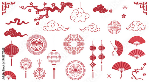 red asian vector elements set, traditional chinese corners, geometric patterns, floral designs, clouds and fans for lunar new year cultural backgrounds. elegant oriental decorative borders collection.