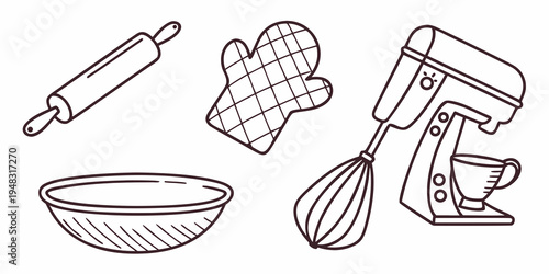 a collection of baking utensils and equipment Vector