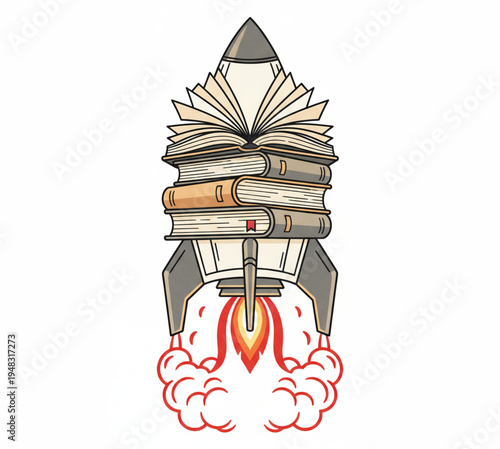 Vibrant illustration of a rocket launching, topped with books, symbolizing the powerful journey of education, rapid intellectual growth, and the pursuit of knowledge for future success