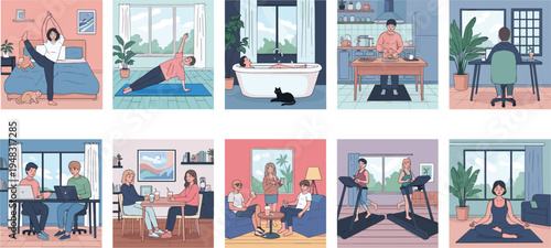 People doing daily activities at home set with yoga exercise working on laptop cooking in kitchen and relaxing in bath vector illustration.