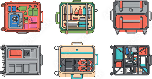 Open suitcase travel kit flat lay collection with organized luggage bags for photography adventure and fitness gym sports vacation packing vector illustration.