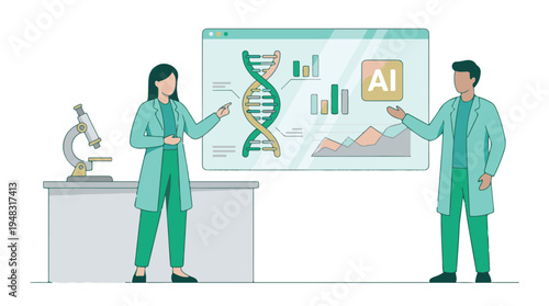 Scientists working on genetic research and AI analysis in a laboratory