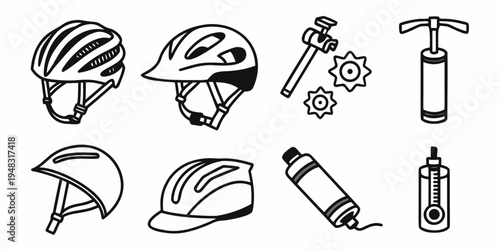 a collection of bicycle helmets and repair tools Vector