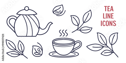 a set of tea line icons including a teapot and a cup Vector