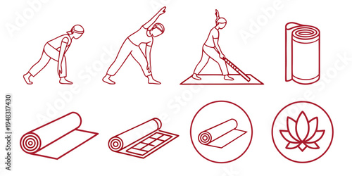 yoga icons with various poses and equipment Vector