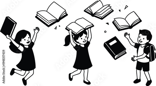 Flat design joyful children jumping and tossing books in playful school scene holding backpacks and smiling in simple line art