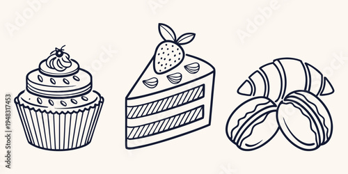a line drawing of a cupcake a slice of cake and a croissant Vector