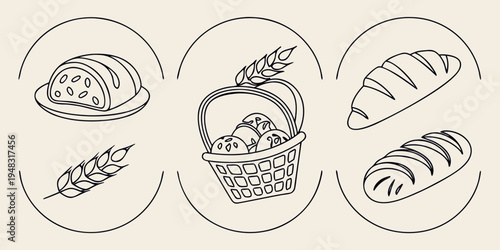 a set of different types of bread and a basket of bread Vector