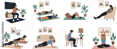 People doing home workout exercise set with yoga strength training pilates and working on laptop for healthy lifestyle wellness and fitness vector.