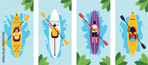 People kayaking and paddleboarding in water set with top view of characters rowing boat for summer vacation outdoor adventure and water sports.