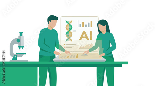 Scientists using AI and DNA technology for genetic research and data analysis