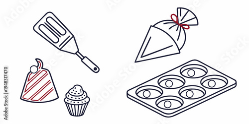 a set of bakery items and tools for cake decorating Vector