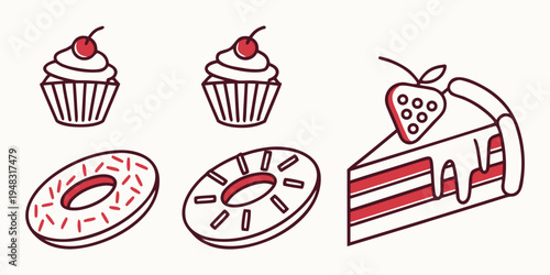 a collection of desserts including cupcakes and a slice of cake Vector