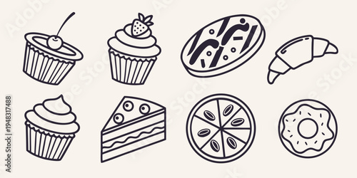 a set of bakery items including cupcakes and pie Vector