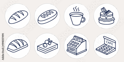 a collection of various bakery items and a cup of coffee Vector