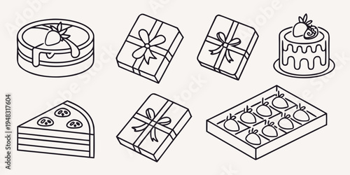 a collection of cakes and gifts with bows Vector