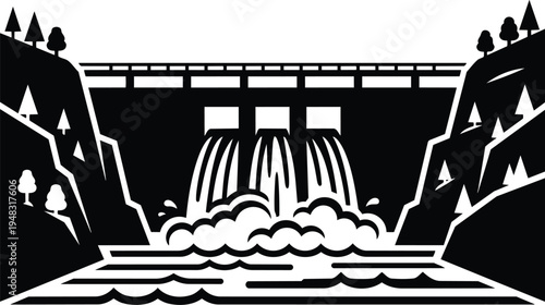 Flat design aerial view dam spilling water between rocky cliffs with bridge top and foamy river downstream high contrast bold