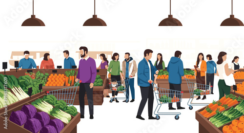 People shopping in supermarket vector illustration, diverse customers with carts buying fresh vegetables and fruits, organic grocery store interior design with people