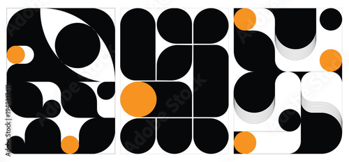 Set of Three Modern Abstract Geometric Artworks, Minimalist Black and Orange Fluid Shapes on White Background, Mid-Century Bauhaus Style Poster Design and Contemporary Vector Illustration