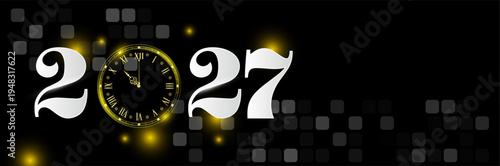 New Year 2027 celebration with a vintage clock face and glowing lights on a dark pixelated background