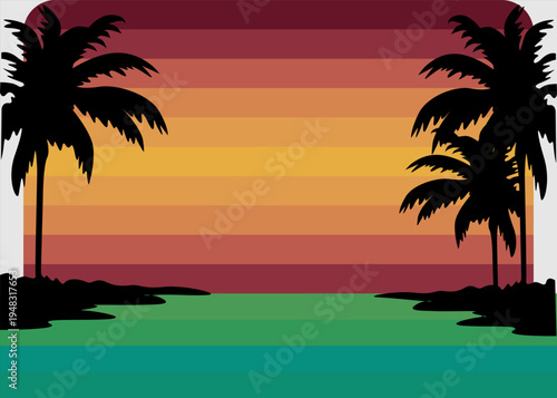 Beach Landscape Background with coconut tree silhouette and sunset atmosphere