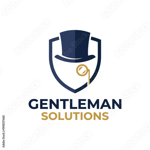This elegant logo combines a top hat and monocle with a shield, representing class, sophistication, and gentlemanly character in a modern yet timeless fashion.