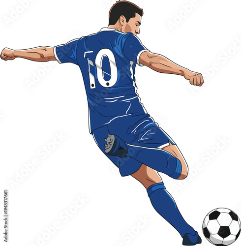 Professional soccer player in blue uniform kicking ball on white background for football match competition sports tournament and athletic training vector illustration.