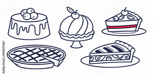 a collection of desserts including cakes and a pie Vector