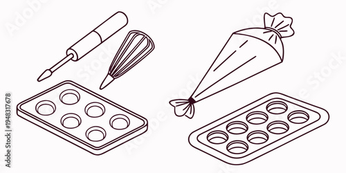 baking muffins with icing and utensils Vector