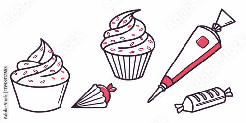 a set of cupcakes and icing with sprinkles Vector
