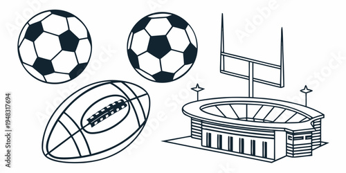 Sports stadium with rugby ball, soccer balls, and goal posts Vector