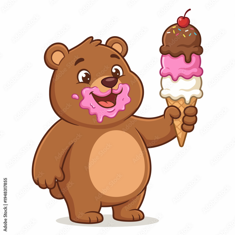 Fototapeta premium A cheerful and adorable cartoon bear holding a colorful ice cream cone with a cherry on top, symbolizing childhood joy and the pleasures of sweet treats.