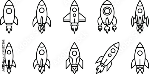 Rocket outline icons collection vector set space launch spaceship startup growth technology line illustration design symbols