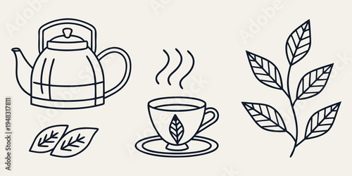 a tea set with a teapot cup and leaves Vector