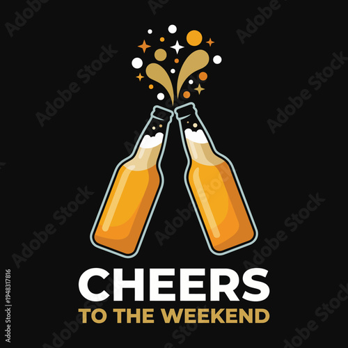 A vibrant illustration of two beer bottles clinking together, symbolizing celebration and joy, ideal for promoting leisure activities and weekend gatherings.