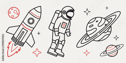 a drawing of an astronaut and spacecraft Vector