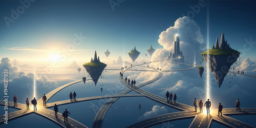 Business Decision Making and Multiple Career Path Choices Concept with People Standing at Crossroads Roads Leading to Future Opportunities, Success, and Strategic Direction