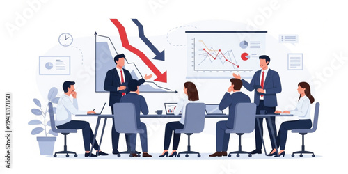 Business Financial Crisis Meeting with Corporate Team Analyzing Market Downtrend Charts, Economic Loss, Risk Management, and Strategic Planning Discussion Illustration