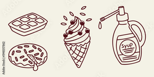 a waffle a doughnut an ice cream cone and a syrup bottle Vector