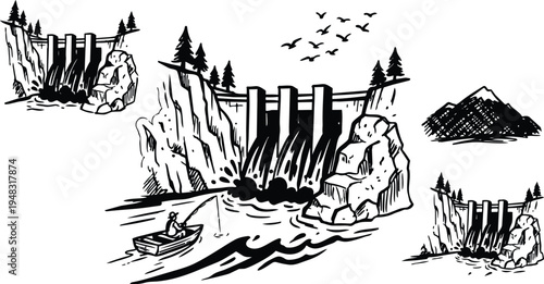 Line art close up dam and waterfall with fisherman casting from rowboat near rocky cliff and pine trees birds flying