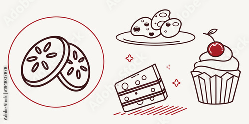 a collection of sweet treats including cake and cupcakes Vector