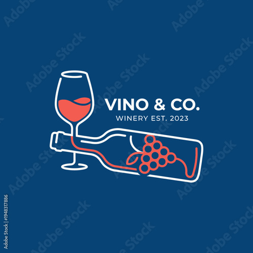 A modern logo design for 'Vino & Co.' showcases a sleek wine bottle, elegant glass, and vibrant grapes, ideal for promoting quality wines and a sophisticated winery experience.