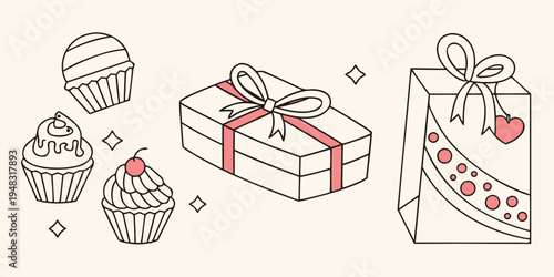 a gift box and cupcakes with a gift bag Vector
