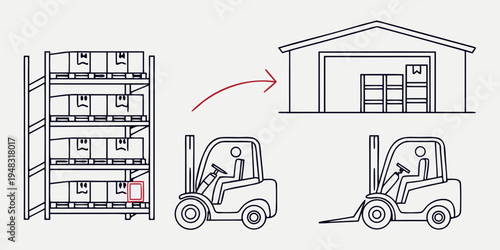 a forklift moving a pallet rack into a warehouse Vector