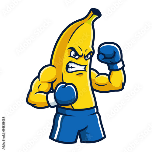 This vibrant cartoon banana character is in a boxing stance, showcasing its muscular build and fierce expression, adding a fun and playful twist to sports-themed imagery.