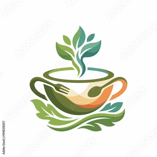 This artwork features a stylized tea cup with leaves, representing health and well-being, embodying a warm connection to nature and the love for wholesome drinks and nutrition.